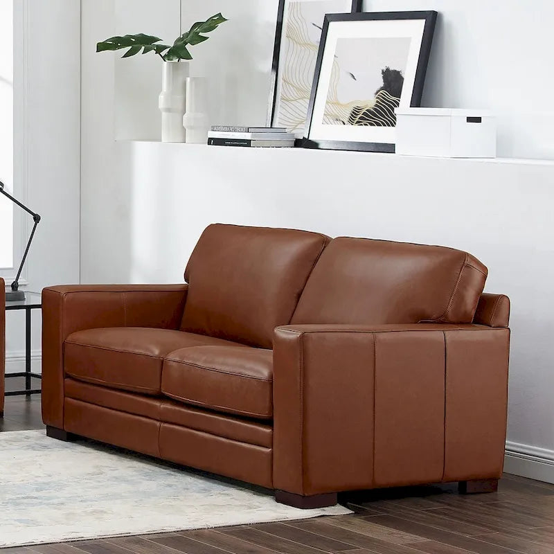 Hydeline Dillon Top Grain Leather Loveseat With Feather, Memory Foam and Springs