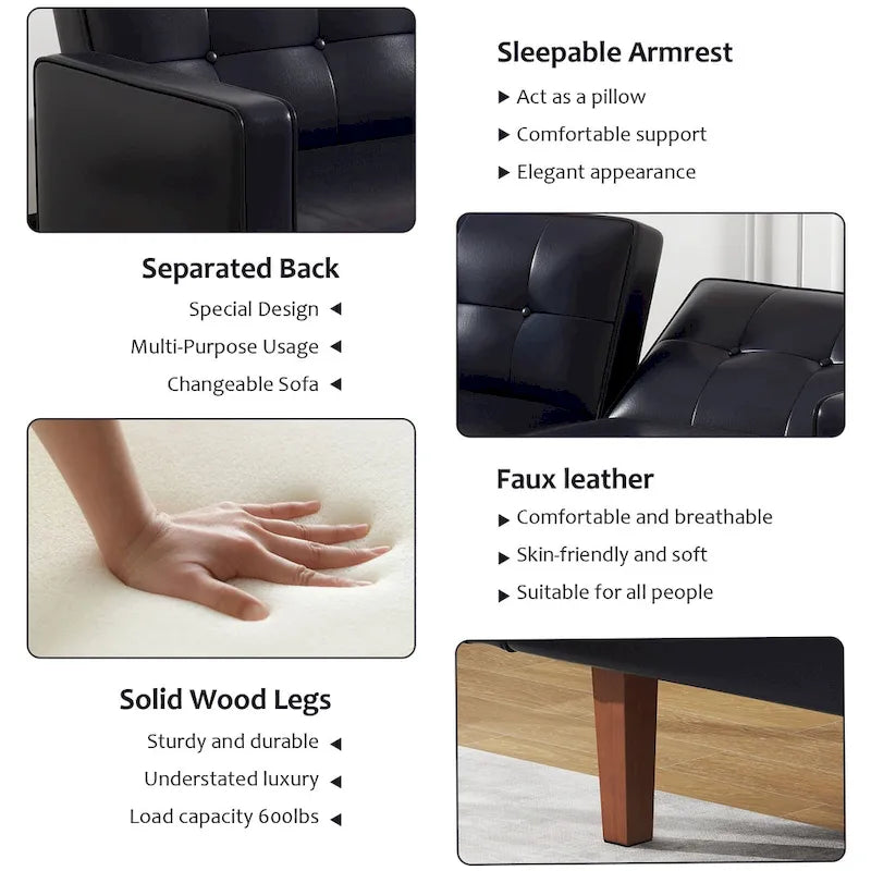 Futon-Schlafsofa, Couch aus Kunstleder mit Memory-Schaum, modernes, umwandelbares Zweisitzersofa für kompakte Wohnzimmer
