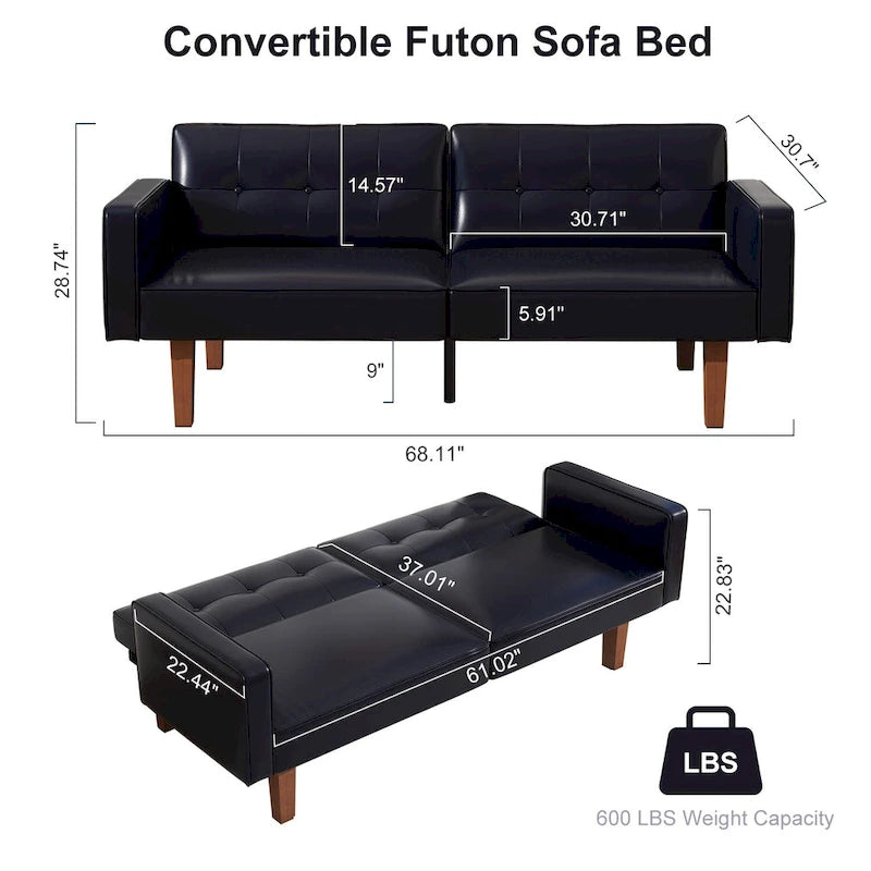 Futon-Schlafsofa, Couch aus Kunstleder mit Memory-Schaum, modernes, umwandelbares Zweisitzersofa für kompakte Wohnzimmer