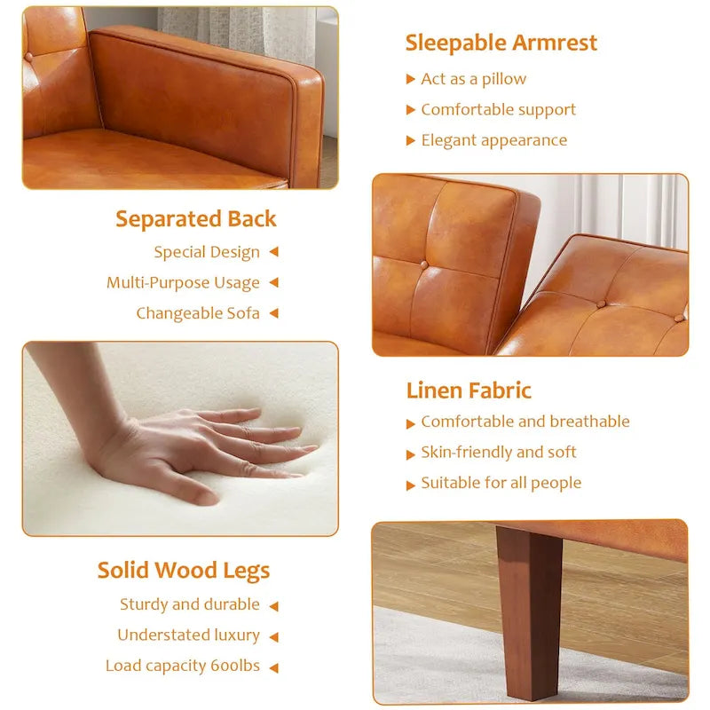 Futon-Schlafsofa, Couch aus Kunstleder mit Memory-Schaum, modernes, umwandelbares Zweisitzersofa für kompakte Wohnzimmer