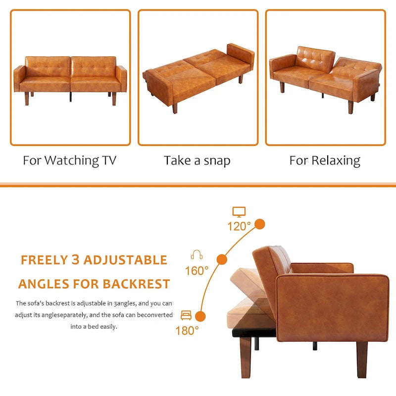 Futon-Schlafsofa, Couch aus Kunstleder mit Memory-Schaum, modernes, umwandelbares Zweisitzersofa für kompakte Wohnzimmer