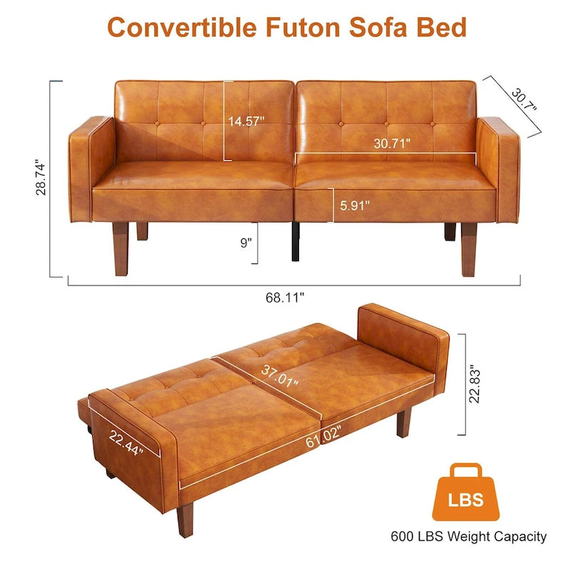 Futon-Schlafsofa, Couch aus Kunstleder mit Memory-Schaum, modernes, umwandelbares Zweisitzersofa für kompakte Wohnzimmer