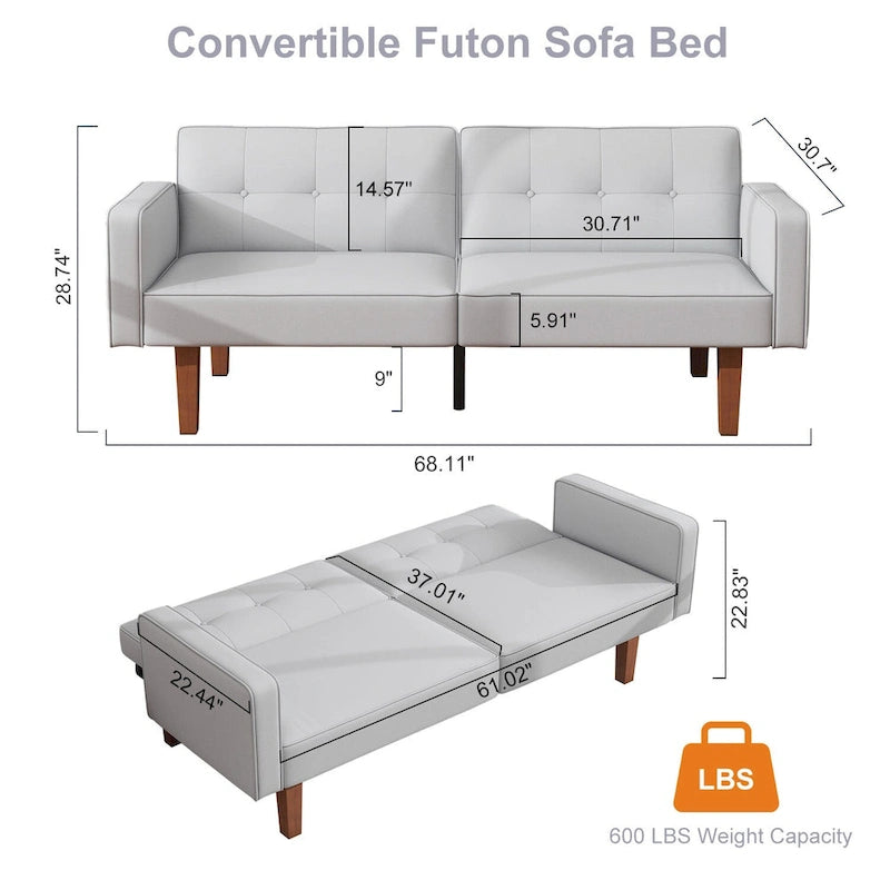 Futon-Schlafsofa, Couch aus Kunstleder mit Memory-Schaum, modernes, umwandelbares Zweisitzersofa für kompakte Wohnzimmer