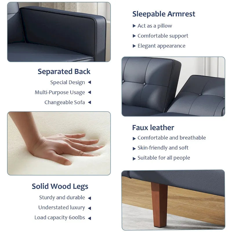 Futon-Schlafsofa, Couch aus Kunstleder mit Memory-Schaum, modernes, umwandelbares Zweisitzersofa für kompakte Wohnzimmer