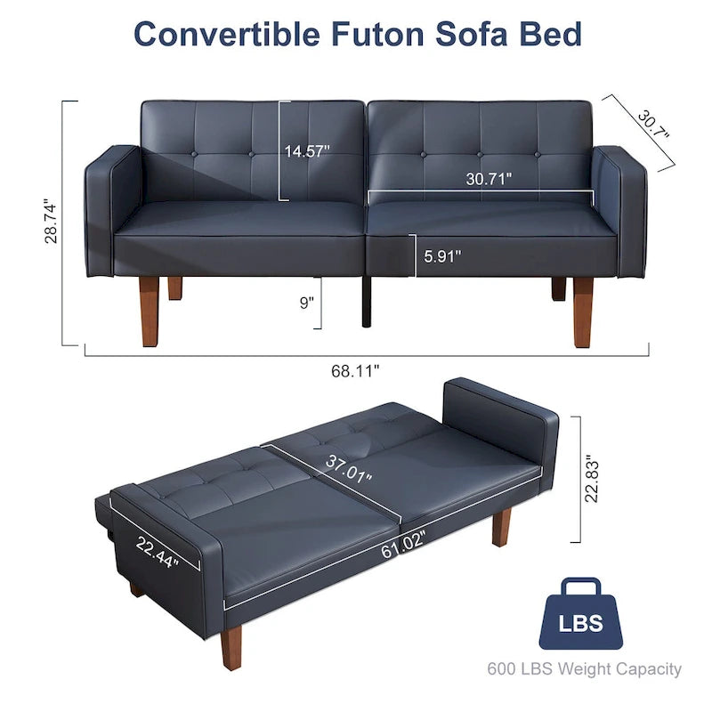 Futon-Schlafsofa, Couch aus Kunstleder mit Memory-Schaum, modernes, umwandelbares Zweisitzersofa für kompakte Wohnzimmer