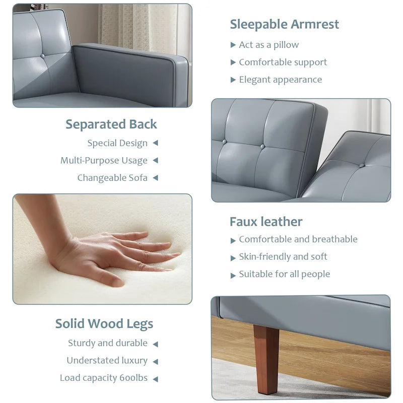 Futon-Schlafsofa, Couch aus Kunstleder mit Memory-Schaum, modernes, umwandelbares Zweisitzersofa für kompakte Wohnzimmer