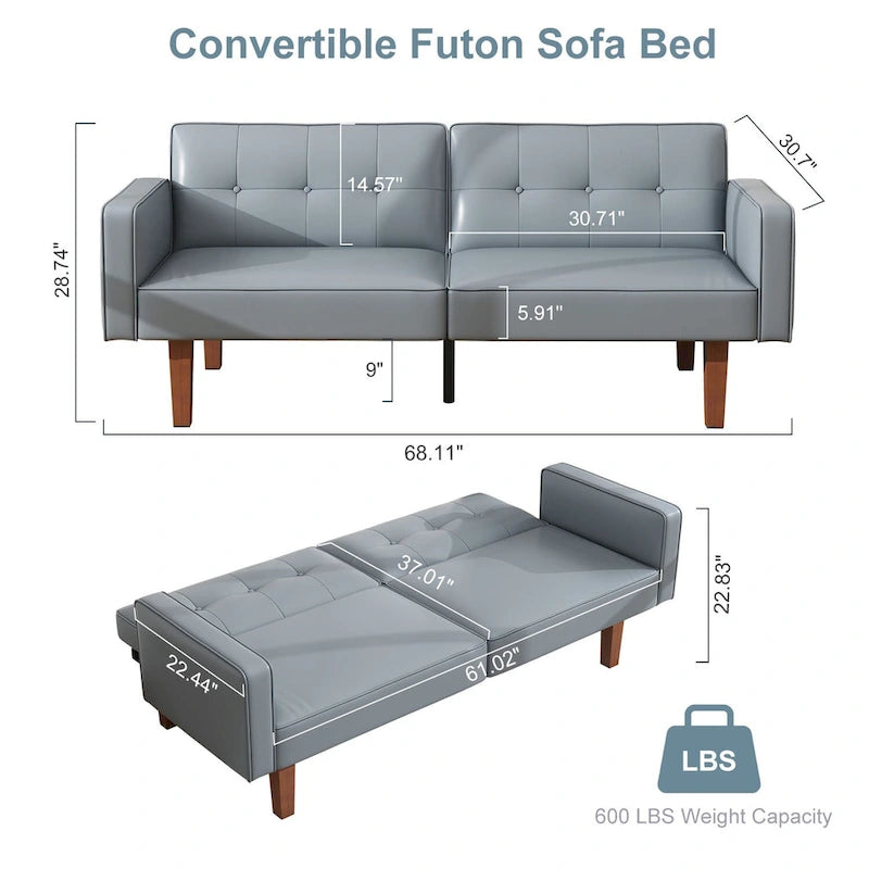 Futon-Schlafsofa, Couch aus Kunstleder mit Memory-Schaum, modernes, umwandelbares Zweisitzersofa für kompakte Wohnzimmer