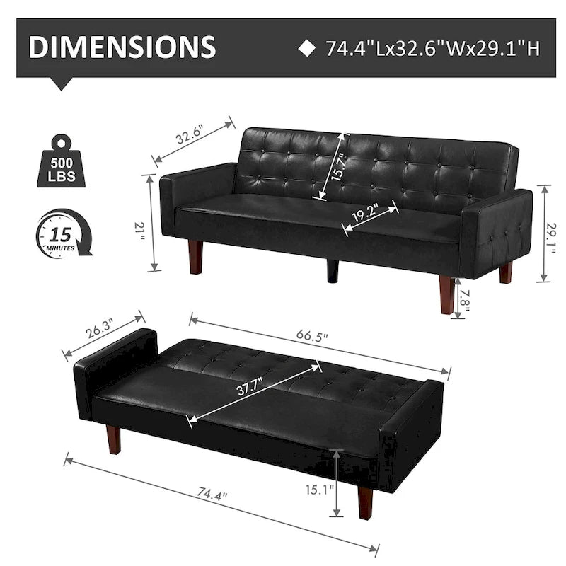 Canapé-lit, futon convertible, canapé 2 places en similicuir, canapé-lit 2 places pour le salon, invité