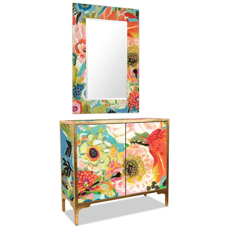 Set van een kasttafel en spiegel van kunstglas met bloemmotief uit de serie Secret Garden