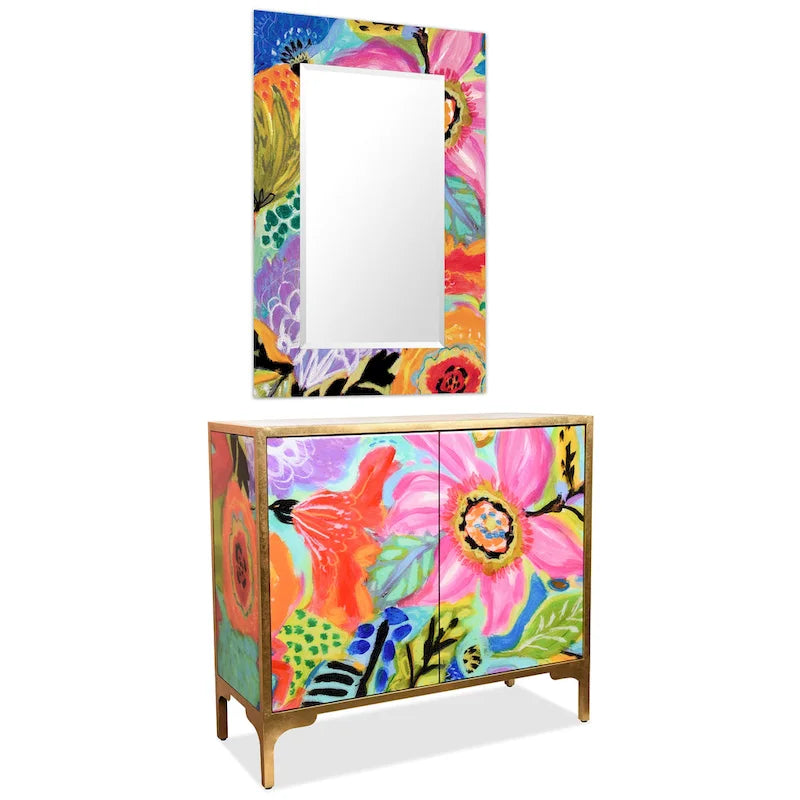 Set van een kasttafel en spiegel van kunstglas met bloemmotief uit de serie Secret Garden