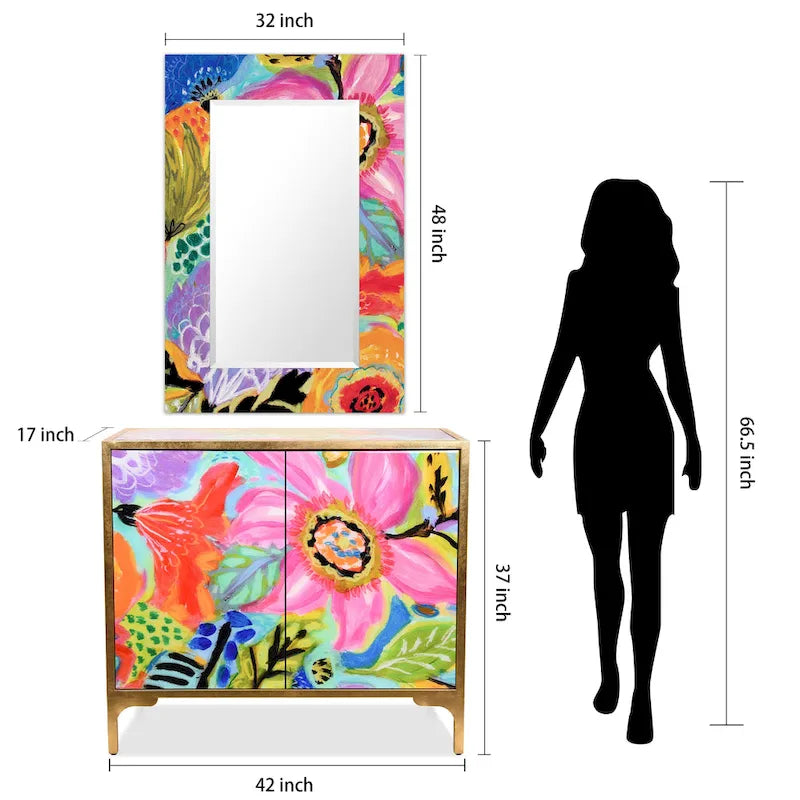 Set van een kasttafel en spiegel van kunstglas met bloemmotief uit de serie Secret Garden