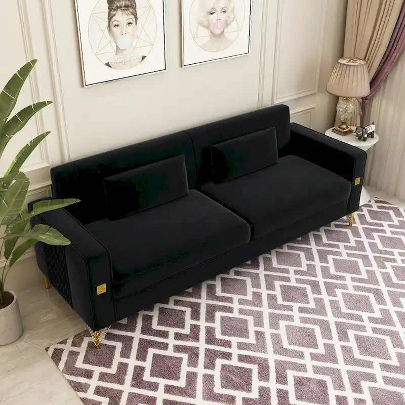 Sofá biplaza moderno tapizado de terciopelo capitoné con cojines y almohadas extraíbles - 85.63 in.D x 30.31 in.W x 30.51 in.H