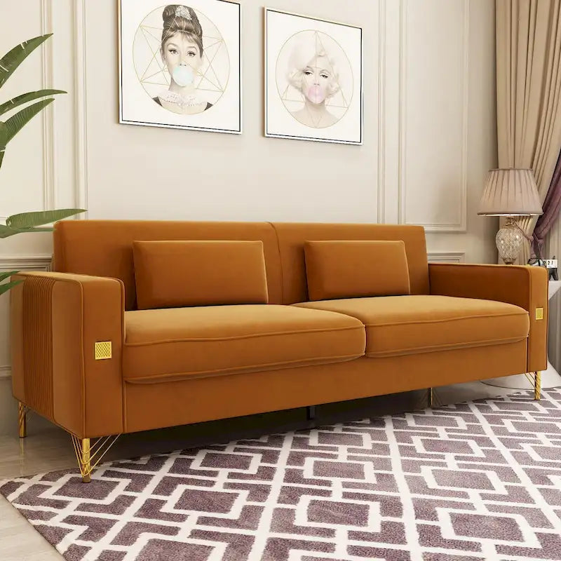 Sofá biplaza moderno tapizado de terciopelo capitoné con cojines y almohadas extraíbles - 85.63 in.D x 30.31 in.W x 30.51 in.H