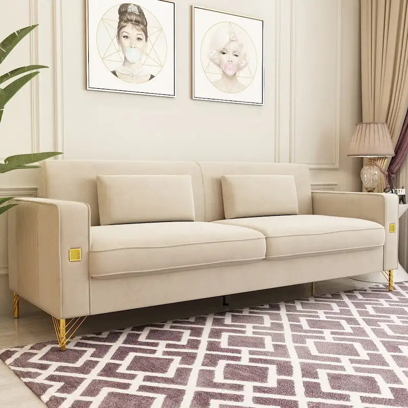 Sofá biplaza moderno tapizado de terciopelo capitoné con cojines y almohadas extraíbles - 85.63 in.D x 30.31 in.W x 30.51 in.H
