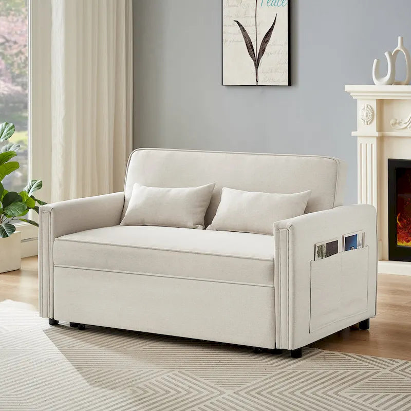Modern Linen Convertible Loveseat Sleeper Sofa Couch with Adjustable Backrest, Pull-Out Bed and 2 Lumbar Pillows