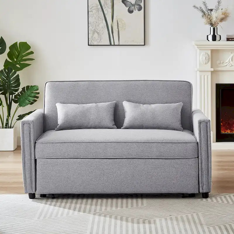 Modern Linen Convertible Loveseat Sleeper Sofa Couch with Adjustable Backrest, Pull-Out Bed and 2 Lumbar Pillows