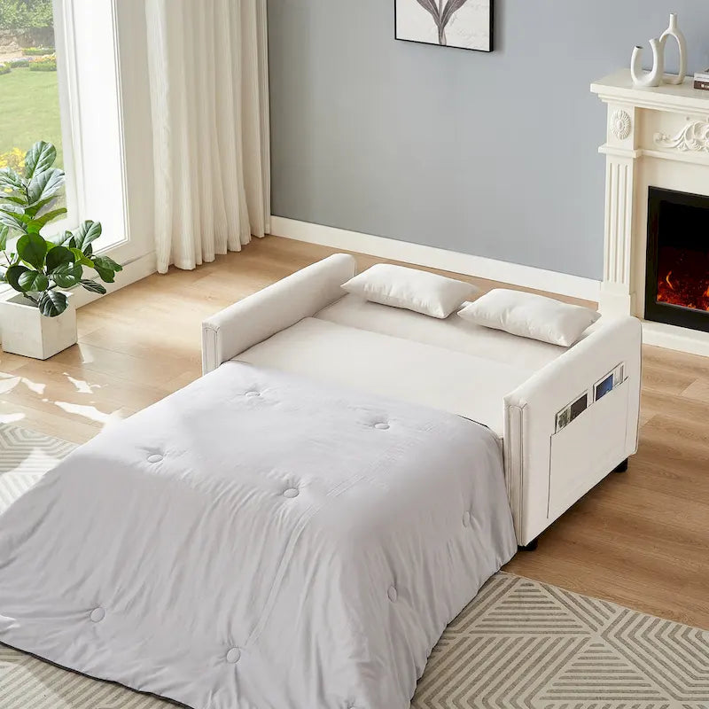 Modern Linen Convertible Loveseat Sleeper Sofa Couch with Adjustable Backrest, Pull-Out Bed and 2 Lumbar Pillows