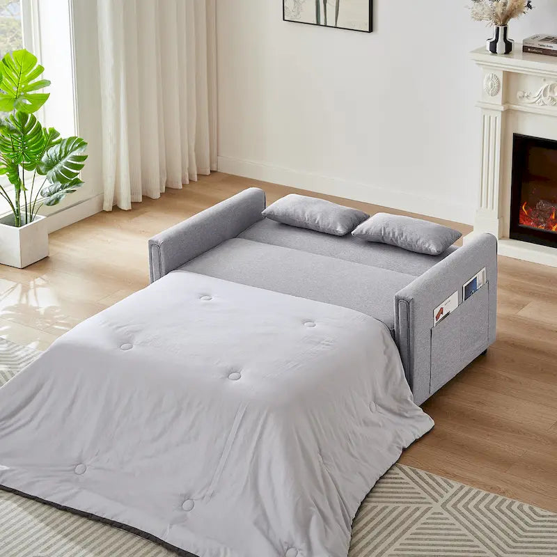 Modern Linen Convertible Loveseat Sleeper Sofa Couch with Adjustable Backrest, Pull-Out Bed and 2 Lumbar Pillows