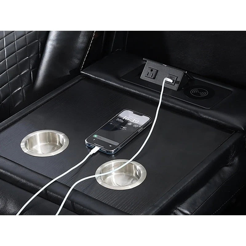 Elektromosan dönthető kanapé vezeték nélküli töltővel, olvasólámpával nappaliba, műbőr borítással, LED-világítással, AC-/USB-porttal és pohártartóval, fekete