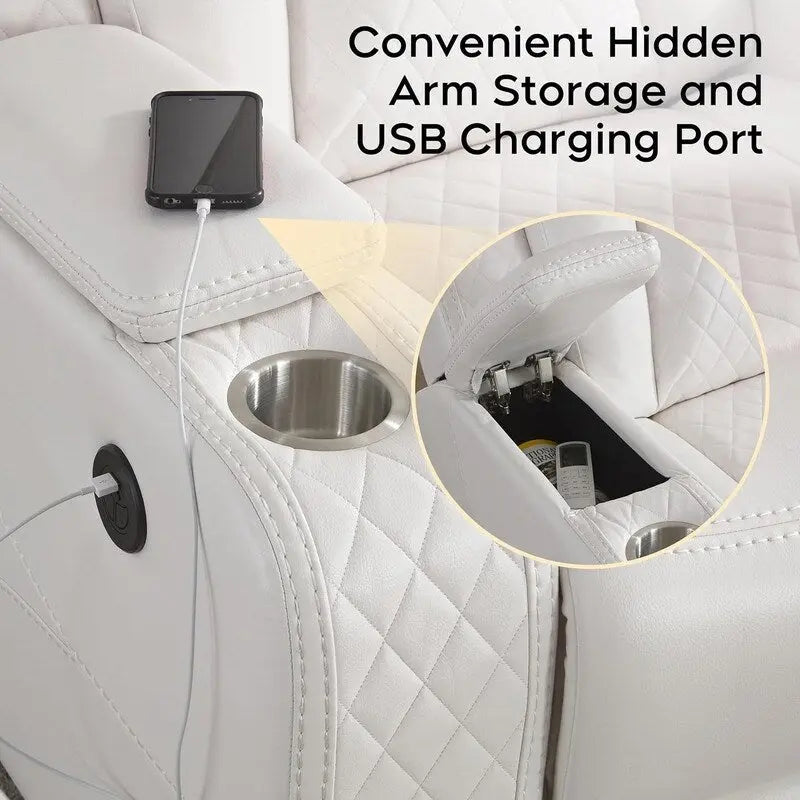 Elektromosan dönthető kanapé vezeték nélküli töltővel, olvasólámpával nappaliba, műbőr borítással, LED-világítással, AC-/USB-porttal és pohártartóval, fekete