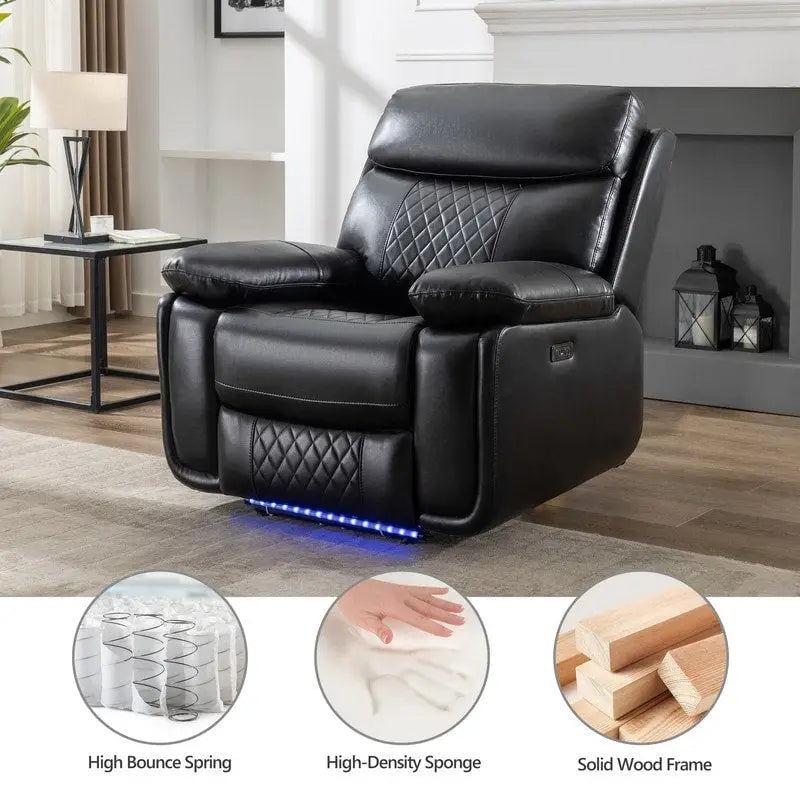Elektrisch verstelbare bank met draadloze oplader, leeslamp, ledverlichting, voor de woonkamer, kunstleer, AC/USB-poort, bekerhouder, zwart