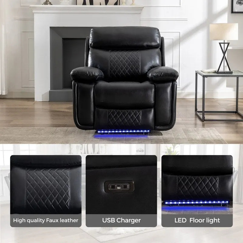 Elektrisch verstelbare bank met draadloze oplader, leeslamp, ledverlichting, voor de woonkamer, kunstleer, AC/USB-poort, bekerhouder, zwart