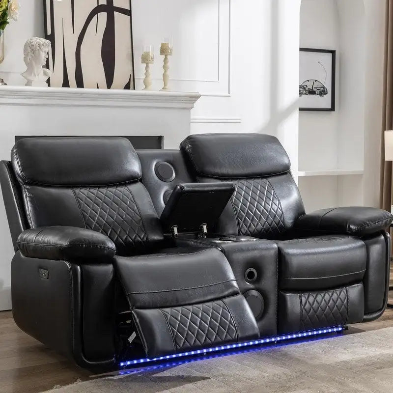 Elektrisch verstelbare bank met draadloze oplader, leeslamp, ledverlichting, voor de woonkamer, kunstleer, AC/USB-poort, bekerhouder, zwart