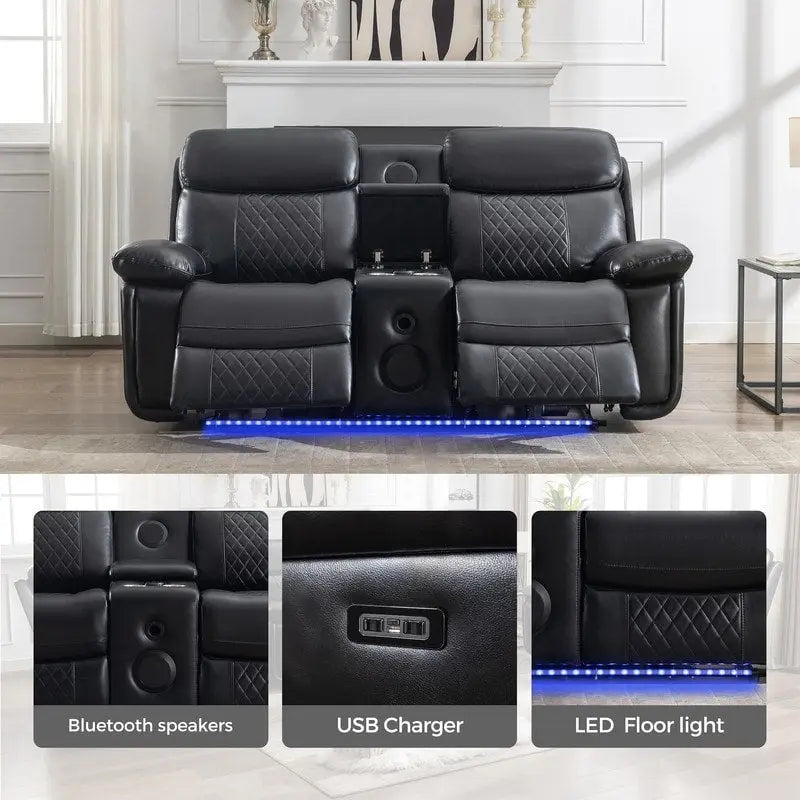 Elektrisch verstelbare bank met draadloze oplader, leeslamp, ledverlichting, voor de woonkamer, kunstleer, AC/USB-poort, bekerhouder, zwart