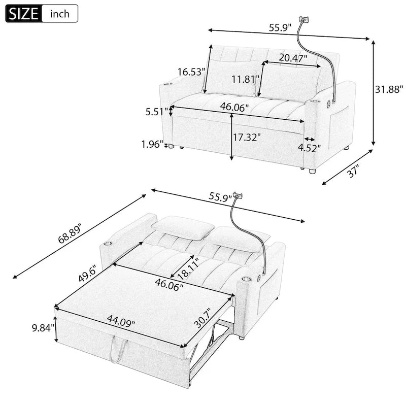 Converteerbare slaapbank-loveseat van 55.9 inch met drie USB-poorten