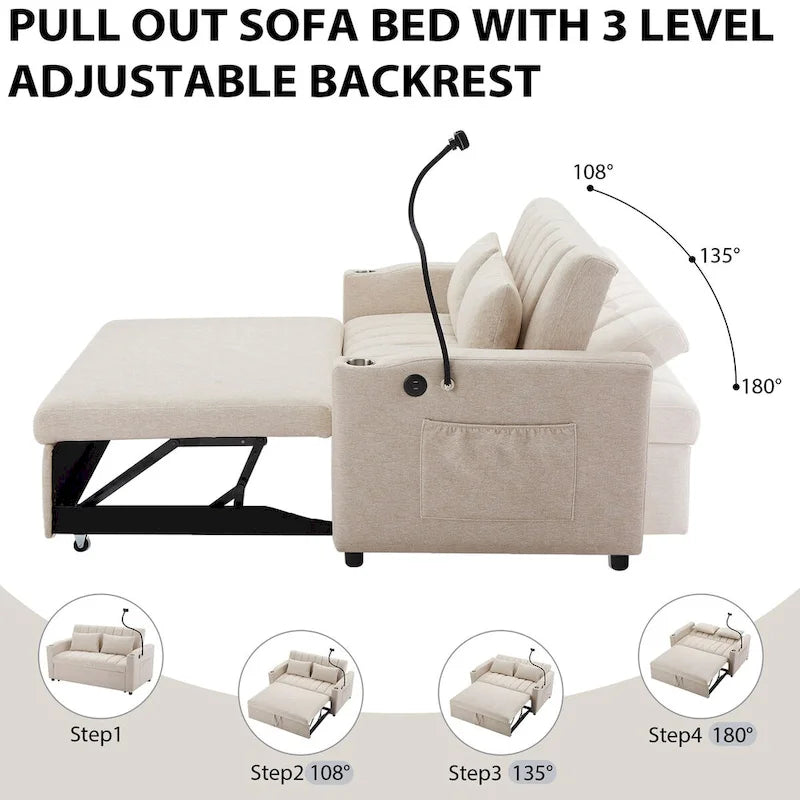 Converteerbare slaapbank-loveseat van 55.9 inch met drie USB-poorten