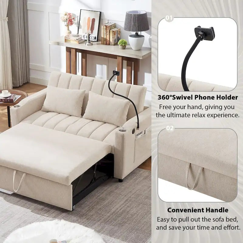 Converteerbare slaapbank-loveseat van 55.9 inch met drie USB-poorten
