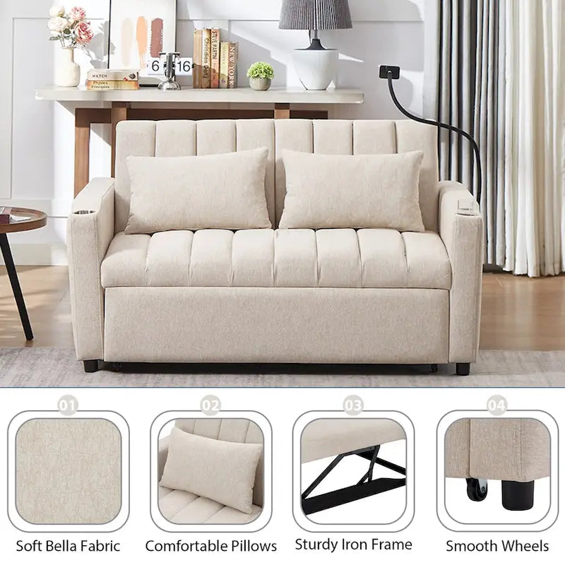Converteerbare slaapbank-loveseat van 55.9 inch met drie USB-poorten