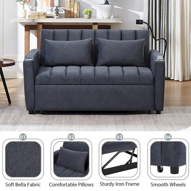 Converteerbare slaapbank-loveseat van 55.9 inch met drie USB-poorten