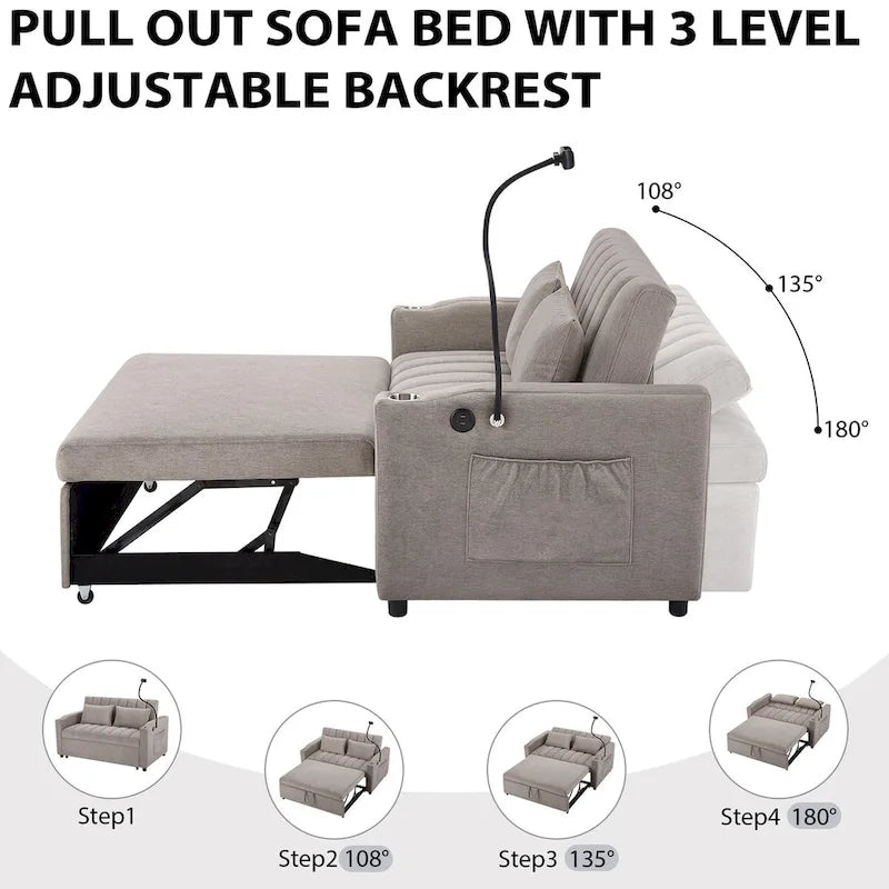 Converteerbare slaapbank-loveseat van 55.9 inch met drie USB-poorten