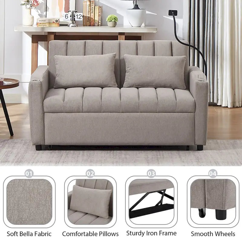 Converteerbare slaapbank-loveseat van 55.9 inch met drie USB-poorten