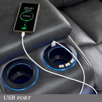 Elektromos dönthető sarokkanapé LED-világítással, műbőr, L alakú, pohártartóval és USB-porttal, nappaliba, fekete