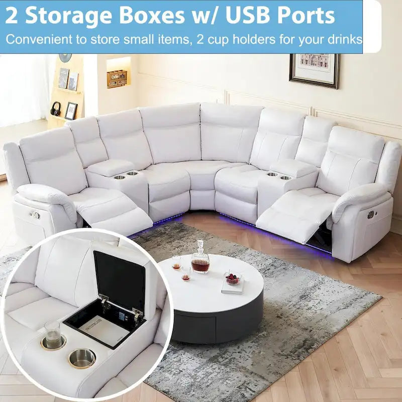 Elektromos dönthető sarokkanapé LED-világítással, műbőr, L alakú, pohártartóval és USB-porttal, nappaliba, fekete