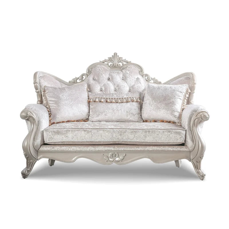Tradycyjna dwuosobowa sofa Furniture of America Clarissa z pikowanym guzikami oparciem i poduszką dekoracyjną