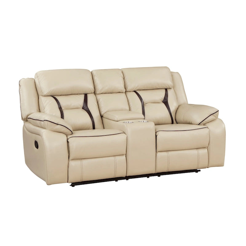 Millie handmatig verstelbare loveseat met dubbele relaxfunctie, 76 inch, bekerhouder, beige imitatieleer