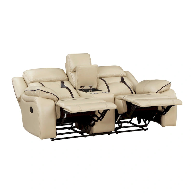 Millie handmatig verstelbare loveseat met dubbele relaxfunctie, 76 inch, bekerhouder, beige imitatieleer
