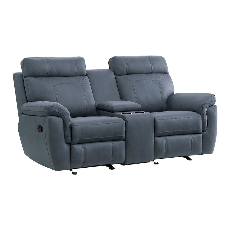Ręcznie rozkładana, przesuwna dwuosobowa sofa z funkcją bujania Clif o szerokości 76 cali, z litego drewna, z niebieskiej mikrofibry