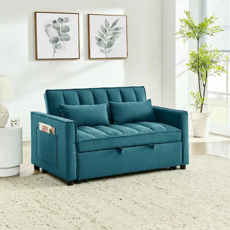 Nowoczesna welwetowa sofa dwuosobowa z wysuwanym łóżkiem, rozkładana 3 w 1 do salonu