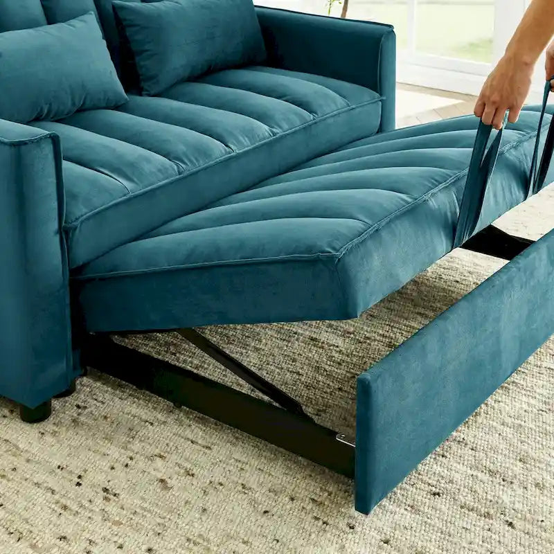 Nowoczesna welwetowa sofa dwuosobowa z wysuwanym łóżkiem, rozkładana 3 w 1 do salonu
