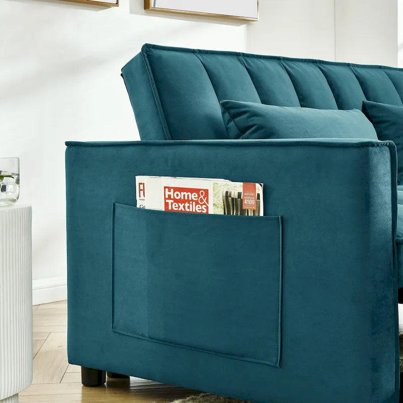 Nowoczesna welwetowa sofa dwuosobowa z wysuwanym łóżkiem, rozkładana 3 w 1 do salonu