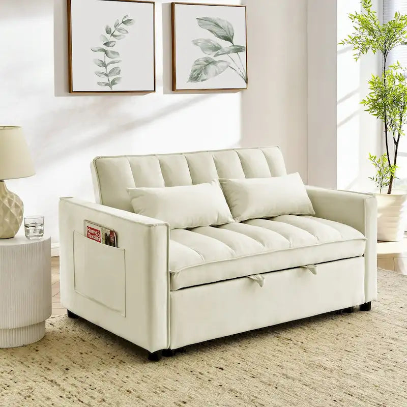 Nowoczesna welwetowa sofa dwuosobowa z wysuwanym łóżkiem, rozkładana 3 w 1 do salonu