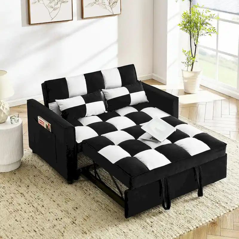 Nowoczesna welwetowa sofa dwuosobowa z wysuwanym łóżkiem, rozkładana 3 w 1 do salonu