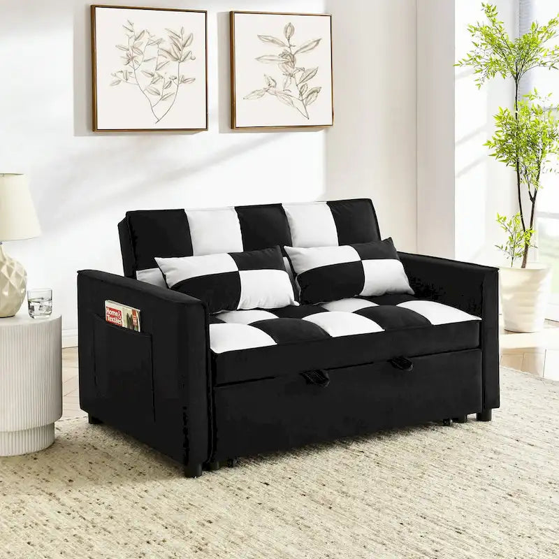 Nowoczesna welwetowa sofa dwuosobowa z wysuwanym łóżkiem, rozkładana 3 w 1 do salonu