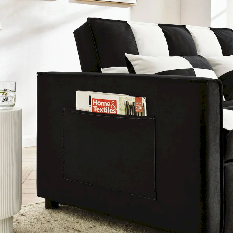 Nowoczesna welwetowa sofa dwuosobowa z wysuwanym łóżkiem, rozkładana 3 w 1 do salonu