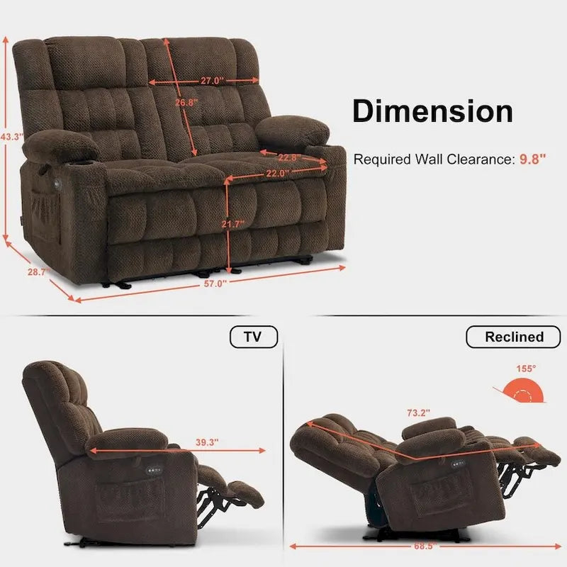 MCombo elektrischer Loveseat-Sessel, elektrisch verstellbares Loveseat-Sofa mit Wärme- und Vibrationsfunktion, Getränkehaltern und USB-Ladeanschlüssen RS6314