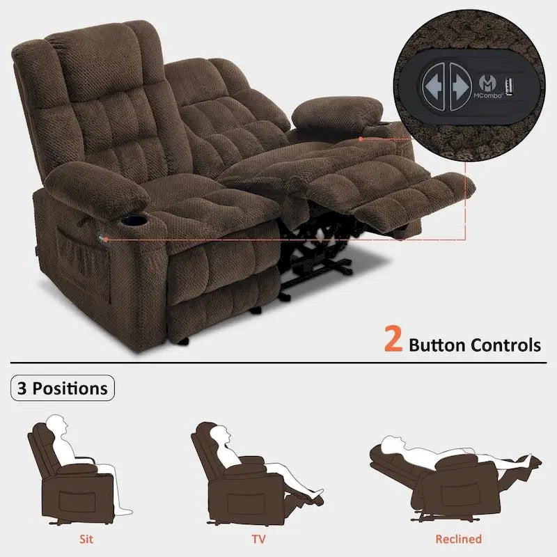 MCombo elektrischer Loveseat-Sessel, elektrisch verstellbares Loveseat-Sofa mit Wärme- und Vibrationsfunktion, Getränkehaltern und USB-Ladeanschlüssen RS6314